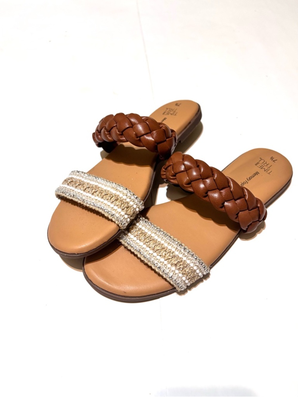 ⭐️Time And Tru Braided Strap Tan Slide Sandals with Beaded Accent